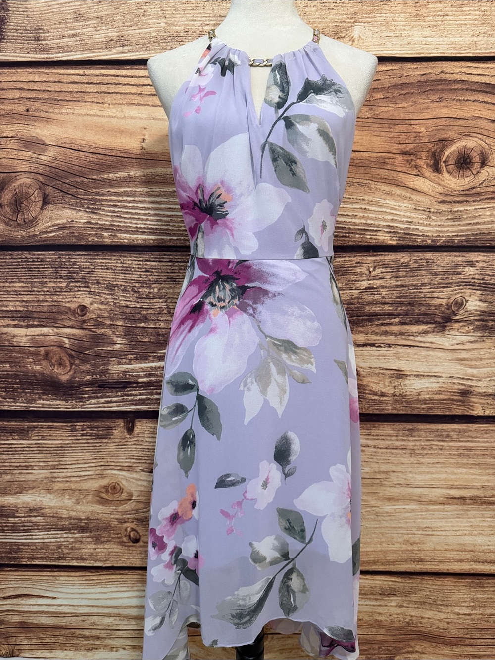 White House Black Market Lavender Floral Midi Dress with Chain Straps
